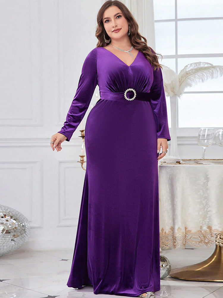 V-Neck Velvet Belt Maxi Dress