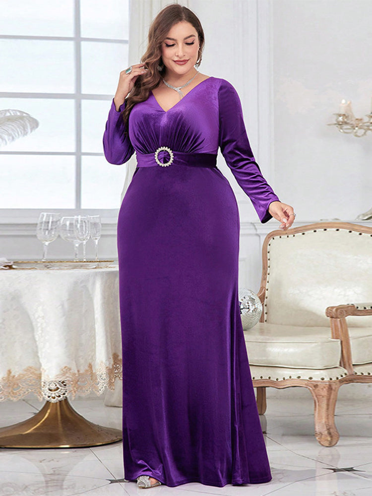 V-Neck Velvet Belt Maxi Dress