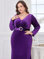 V-Neck Velvet Belt Maxi Dress
