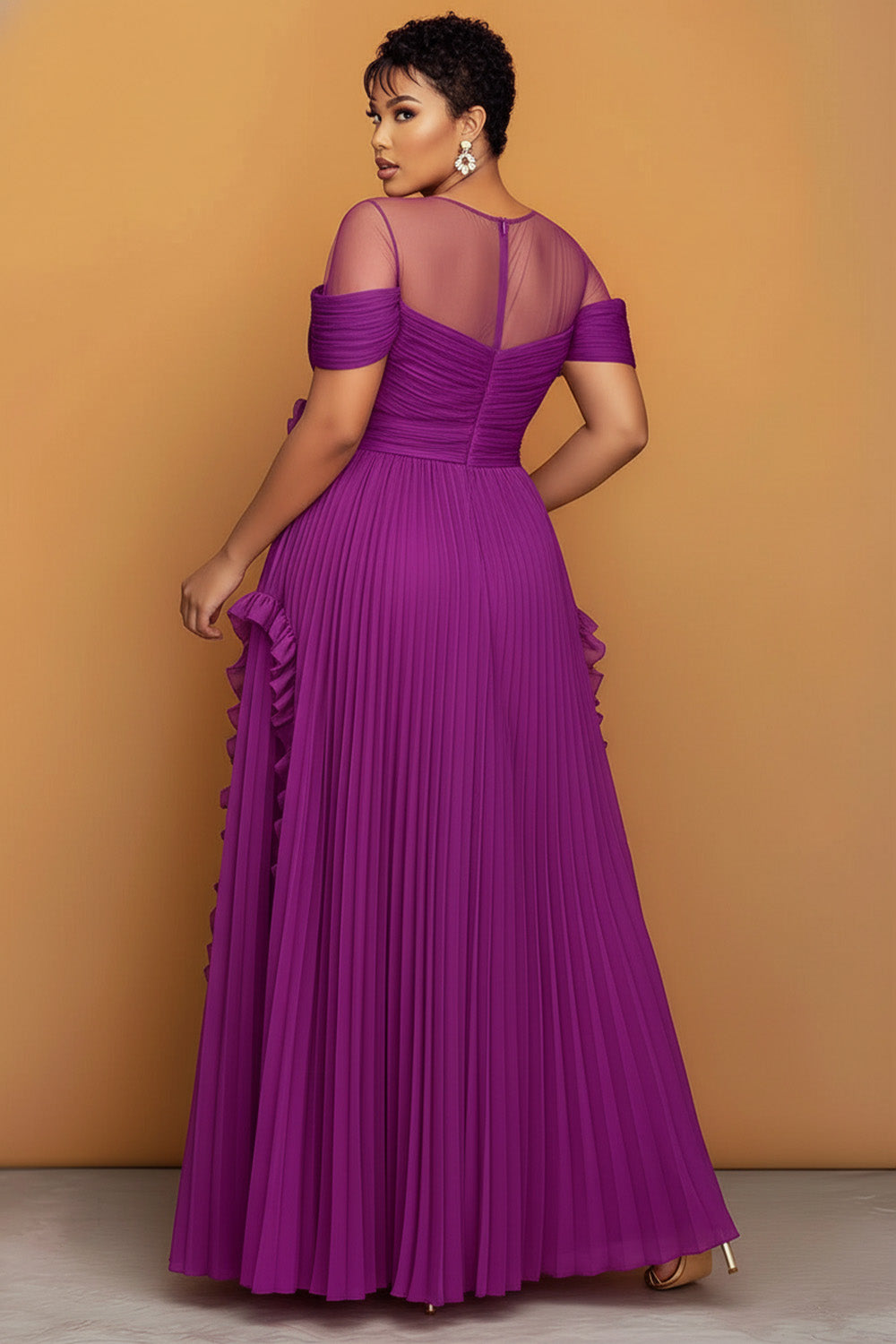 Xpluswear Design Plus Size Formal Purple Round Neck Short Sleeve Ruffle See Through Maxi Dresses
