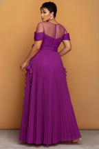 Xpluswear Design Plus Size Formal Purple Round Neck Short Sleeve Ruffle See Through Maxi Dresses