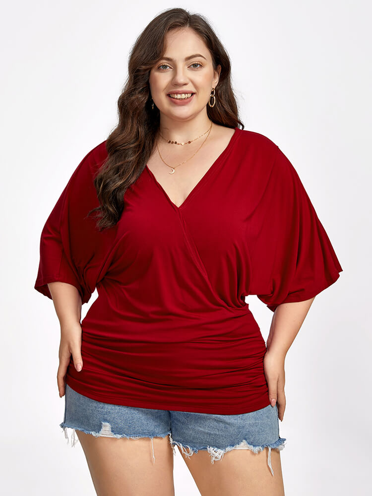 VIP Plus Plain Crisscross V Neck Ruched Hem Tee
