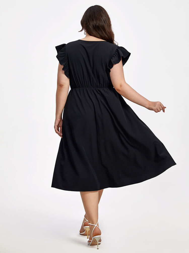 Plus Black Lace Pocket Ruffle Trim Elastic Waist Midi Dress
