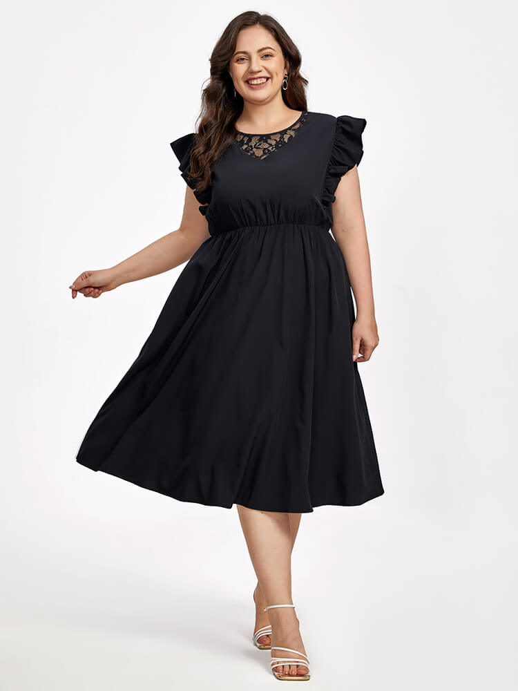 Plus Black Lace Pocket Ruffle Trim Elastic Waist Midi Dress