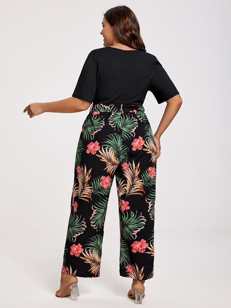VIP Plus Tropical Print Square Neck Belted Jumpsuit