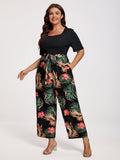 VIP Plus Tropical Print Square Neck Belted Jumpsuit