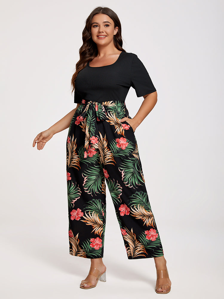 VIP Plus Tropical Print Square Neck Belted Jumpsuit