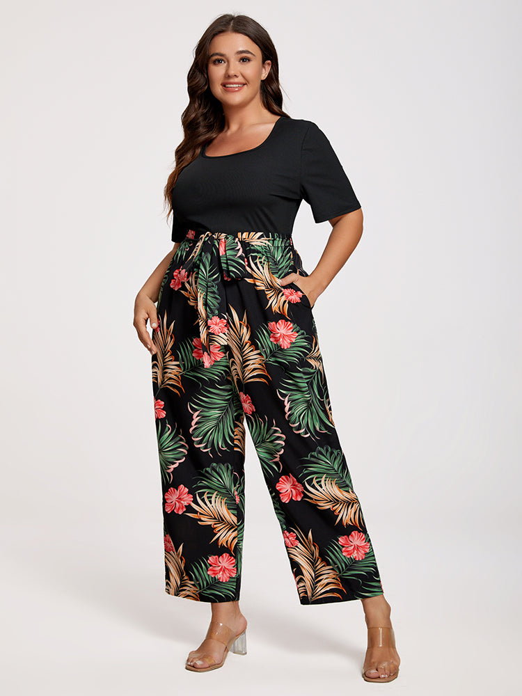 VIP Plus Tropical Print Square Neck Belted Jumpsuit