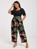 VIP Plus Tropical Print Square Neck Belted Jumpsuit