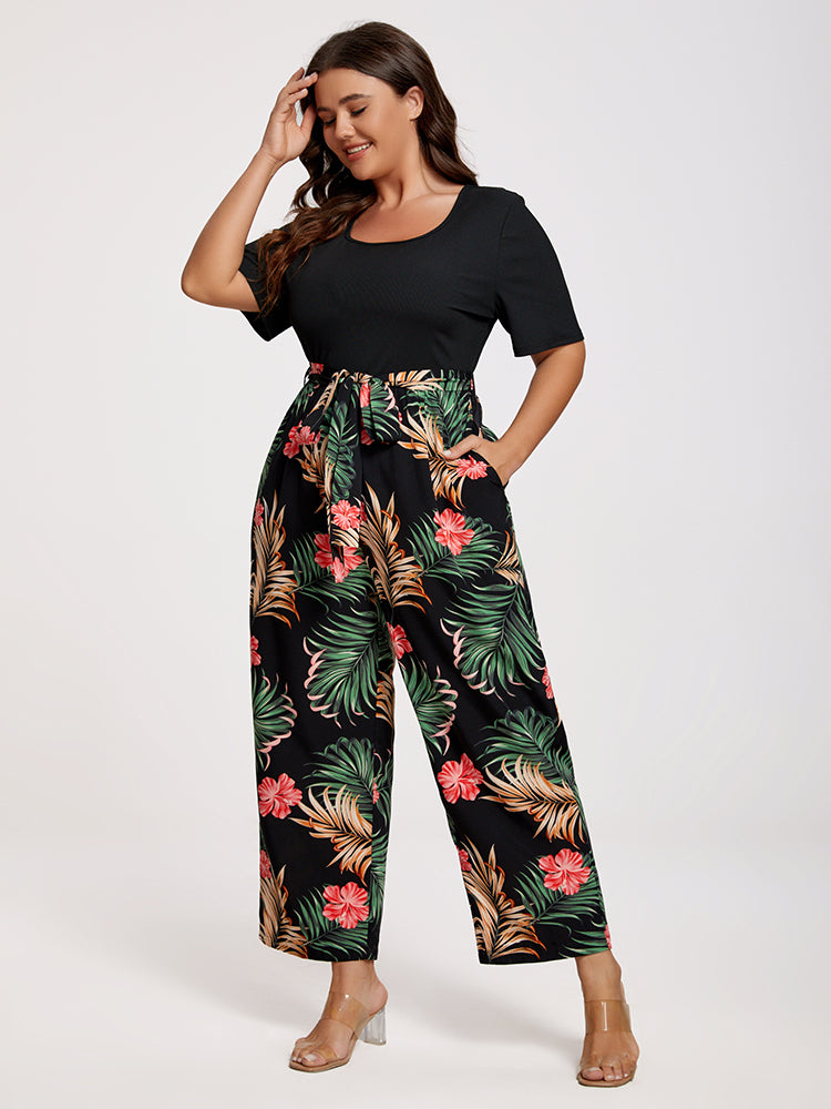VIP Plus Tropical Print Square Neck Belted Jumpsuit