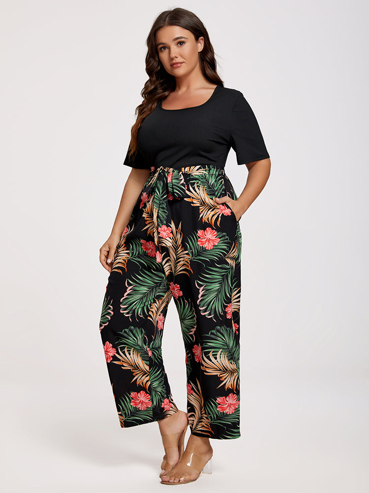 VIP Plus Tropical Print Square Neck Belted Jumpsuit