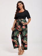 VIP Plus Tropical Print Square Neck Belted Jumpsuit