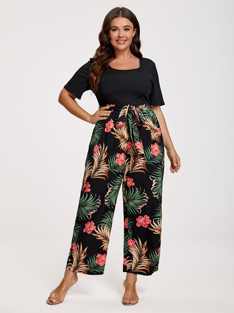 VIP Plus Tropical Print Square Neck Belted Jumpsuit