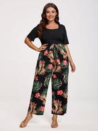 VIP Plus Tropical Print Square Neck Belted Jumpsuit