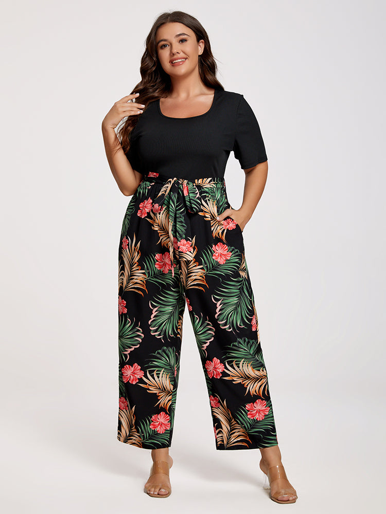 VIP Plus Tropical Print Square Neck Belted Jumpsuit