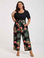 VIP Plus Tropical Print Square Neck Belted Jumpsuit