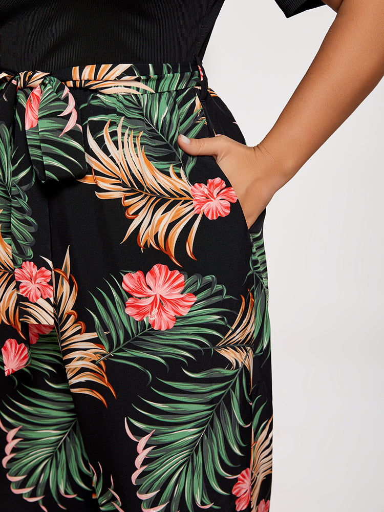 VIP Plus Tropical Print Square Neck Belted Jumpsuit