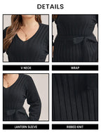 Solid Tie Lantern Sleeve Ribbed Knit Sweater Dress
