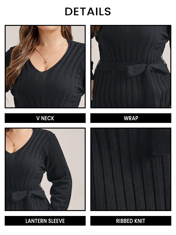 Solid Tie Lantern Sleeve Ribbed Knit Sweater Dress