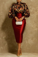 Xpluswear Design Plus Size Mother Of The Bride Burgundy Graphic Mock Neck Lantern Sleeve Long Sleeve Bodycon Elegant Satin Midi Dresses