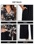 VIP Plus Floral Patchwork Wrap Belted Pocket Jumpsuit