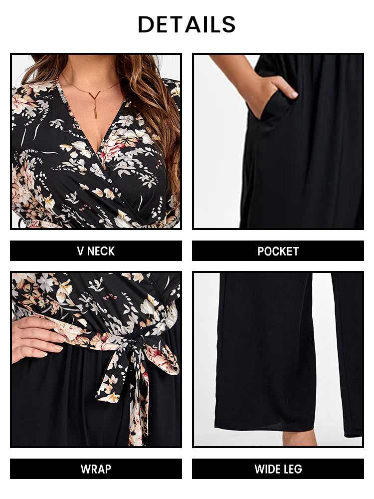 VIP Plus Floral Patchwork Wrap Belted Pocket Jumpsuit