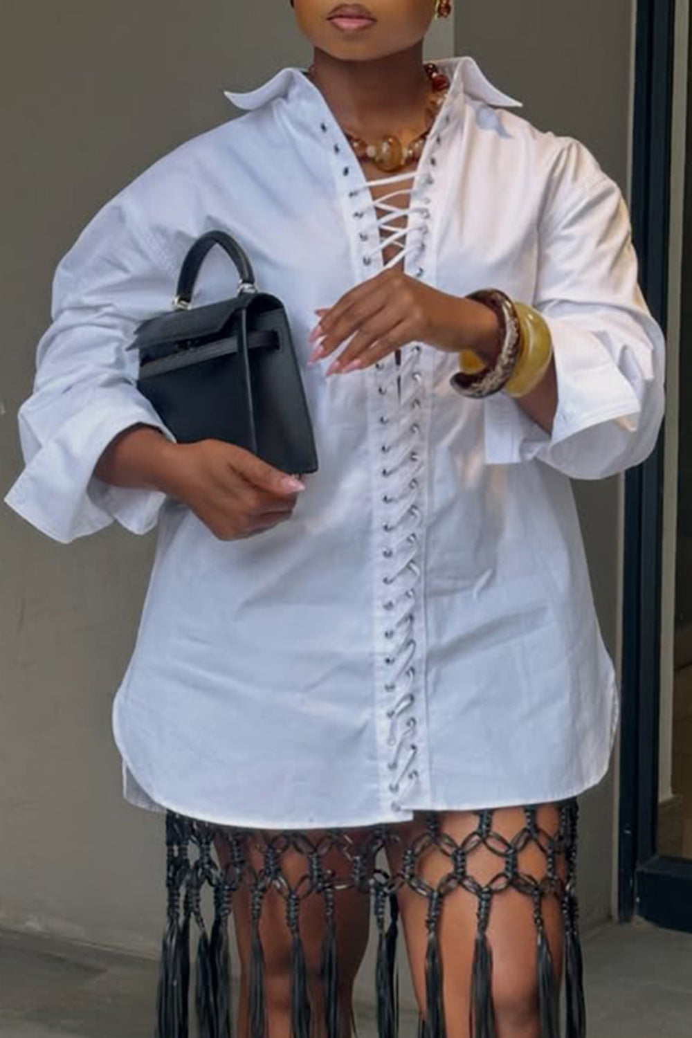 Plus Size Business Casual White Shirt Collar Long Sleeve Lace Up Blouses