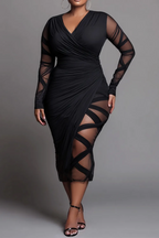 Xpluswear Design Plus Size Party Black Wrap Neck Long Sleeve Bodycon See Through Midi Dresses