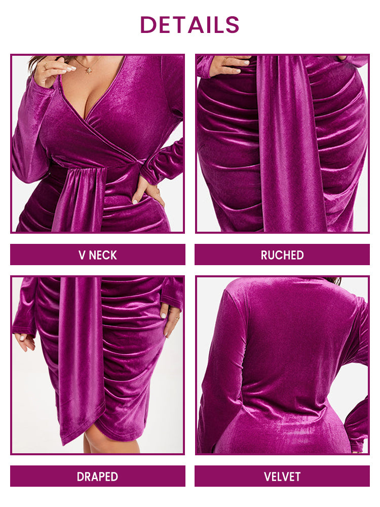 VIP V-Neck Ruched Draped Velvet Dress