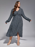 VIP Plus Blue Ruched Elastic Waist Split Midi Dress