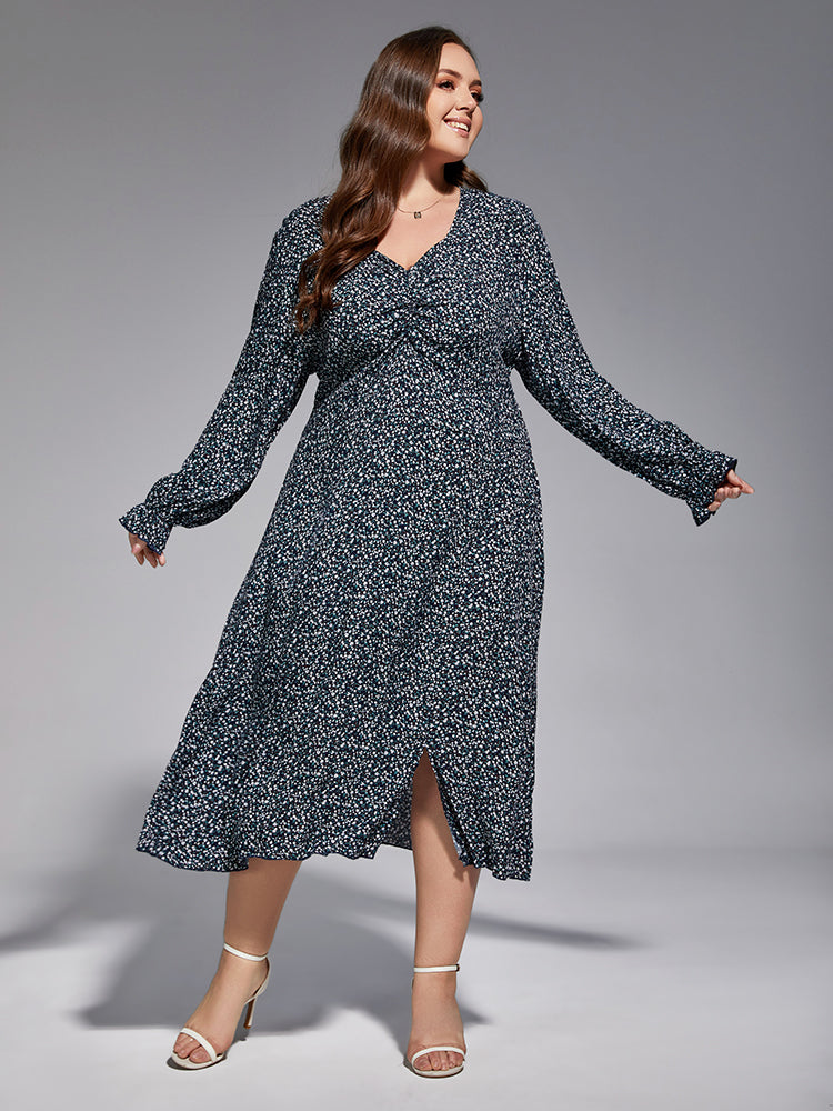 VIP Plus Blue Ruched Elastic Waist Split Midi Dress