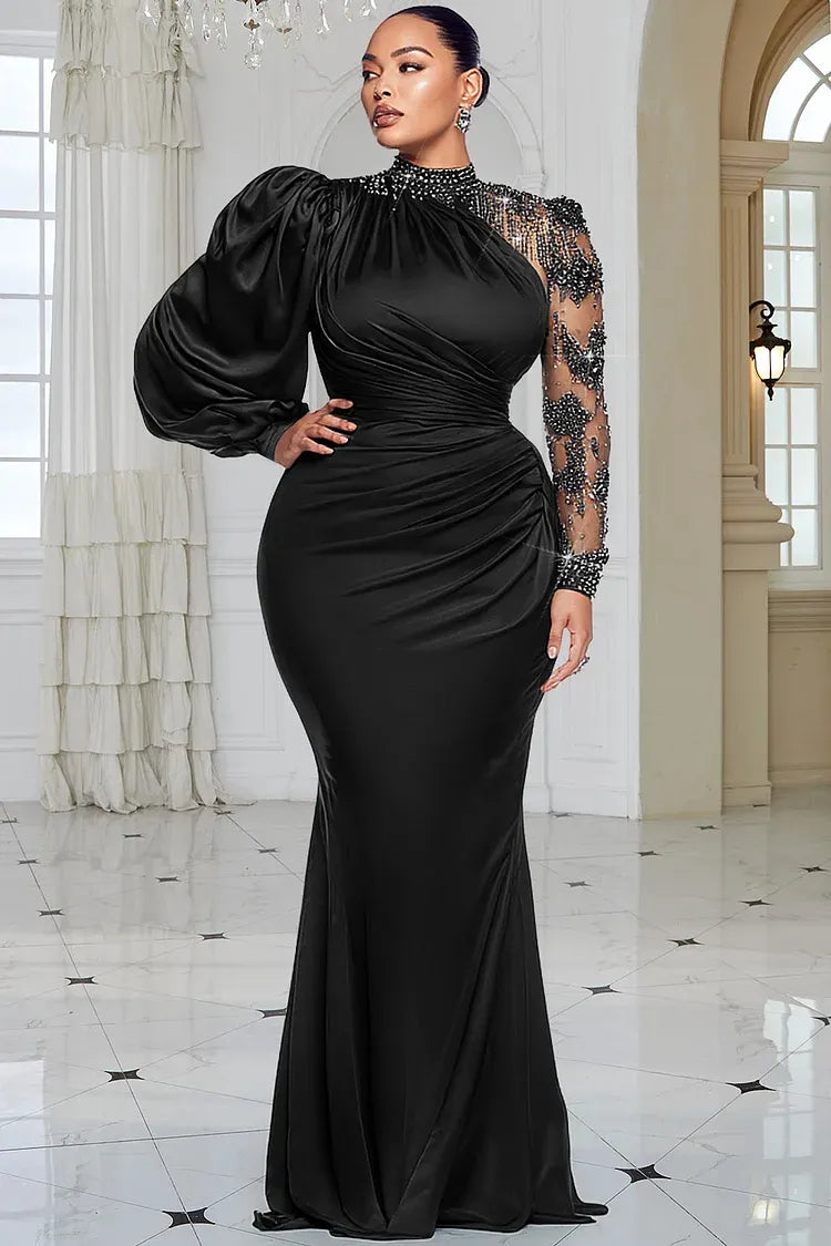 Xpluswear Design Plus Size Formal Blue Mock Neck Lantern Sleeve Long Sleeve Drilling Elegant See Through Tulle Satin Maxi Dresses