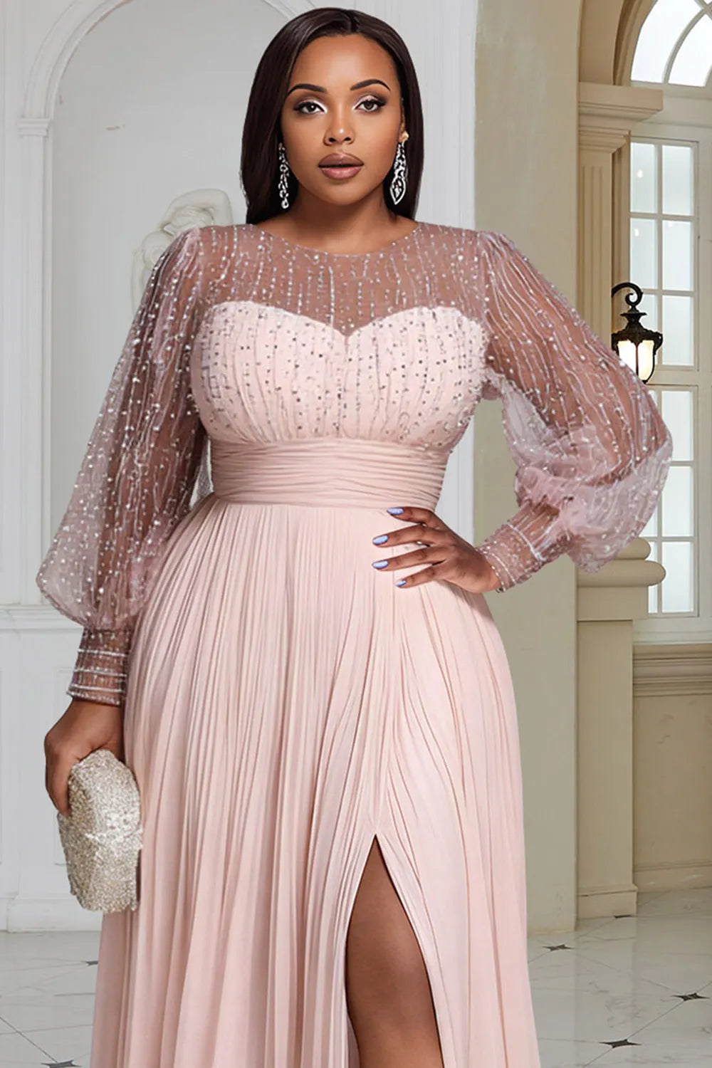 Xpluswear Design Plus Size Formal Black Round Neck Long Sleeve Split Elegant See Through Sequin Chiffon Maxi Dresses