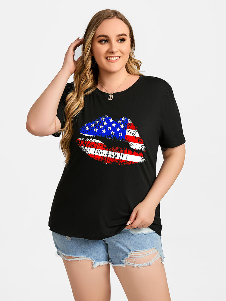 Plus Black Color Lip Print Round Neck Graphic Tee