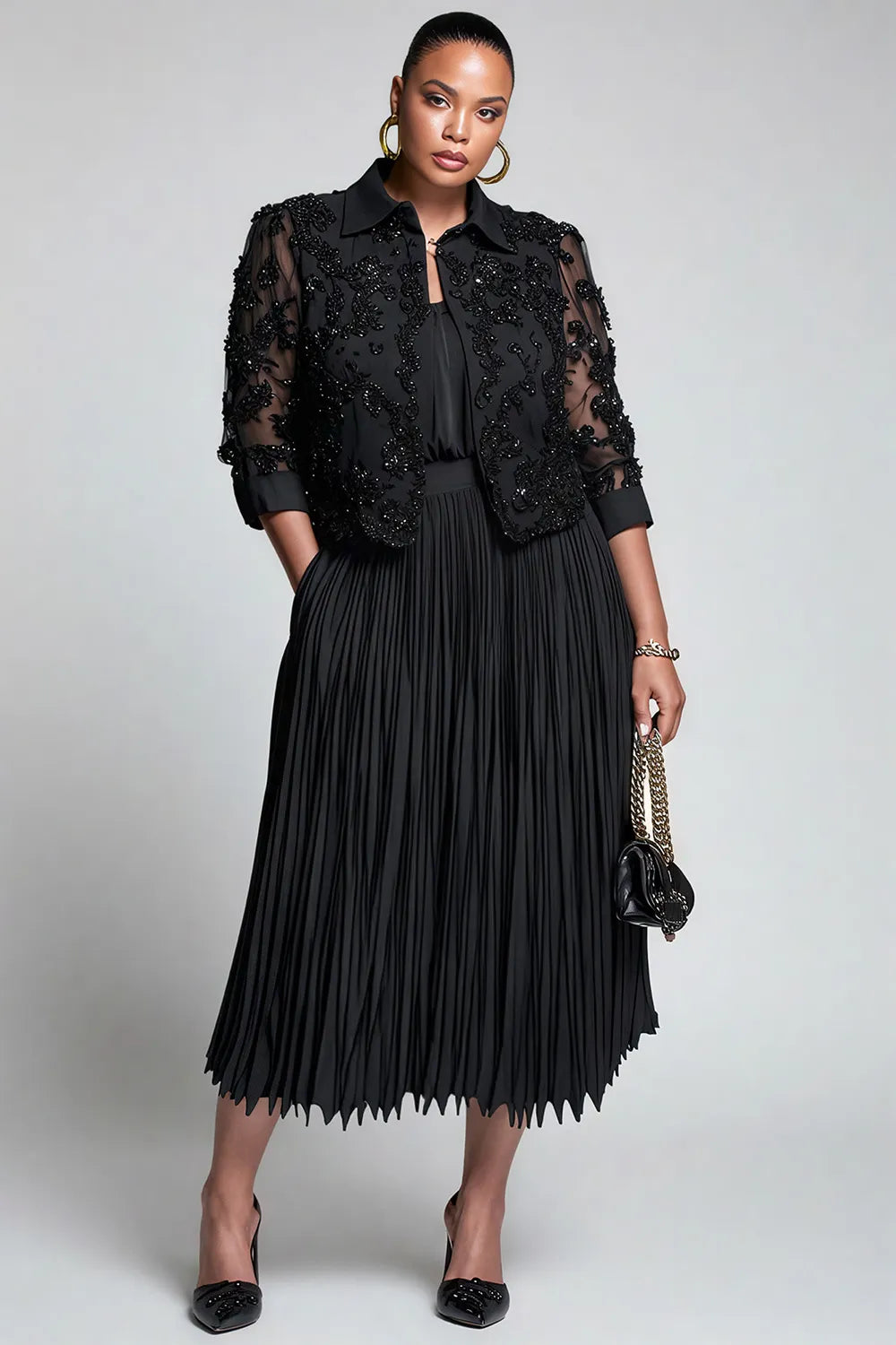 Xpluswear Design Plus Size Churchs Black Shirt Collar 3/4 Sleeve Pleated Elegant Pocket Lace Two Piece Skirt Sets