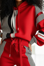 Plus Size Daily Red Striped Hooded Long Sleeve Ruched Casual Sweatshirts