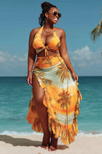 Xpluswear Design Plus Size Beach Yellow Tropical Print Split Ruffle Swimsuit Fabric Three Pieces Swimsuit Cover Ups Set