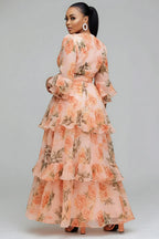 Xpluswear Design Plus Size Wedding Guest Peach All Over Print V Neck 3/4 Sleeve Ruffle Tiered Chiffon Maxi Dresses