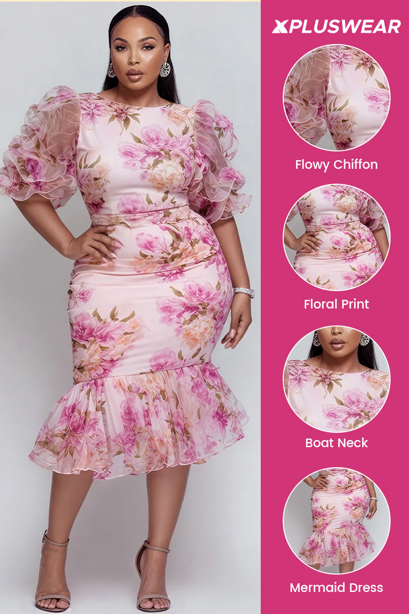 Xpluswear Design Plus Size Cocktail Party Pink Floral Boat Neck Half Sleeve Ruffle Chiffon Midi Dresses