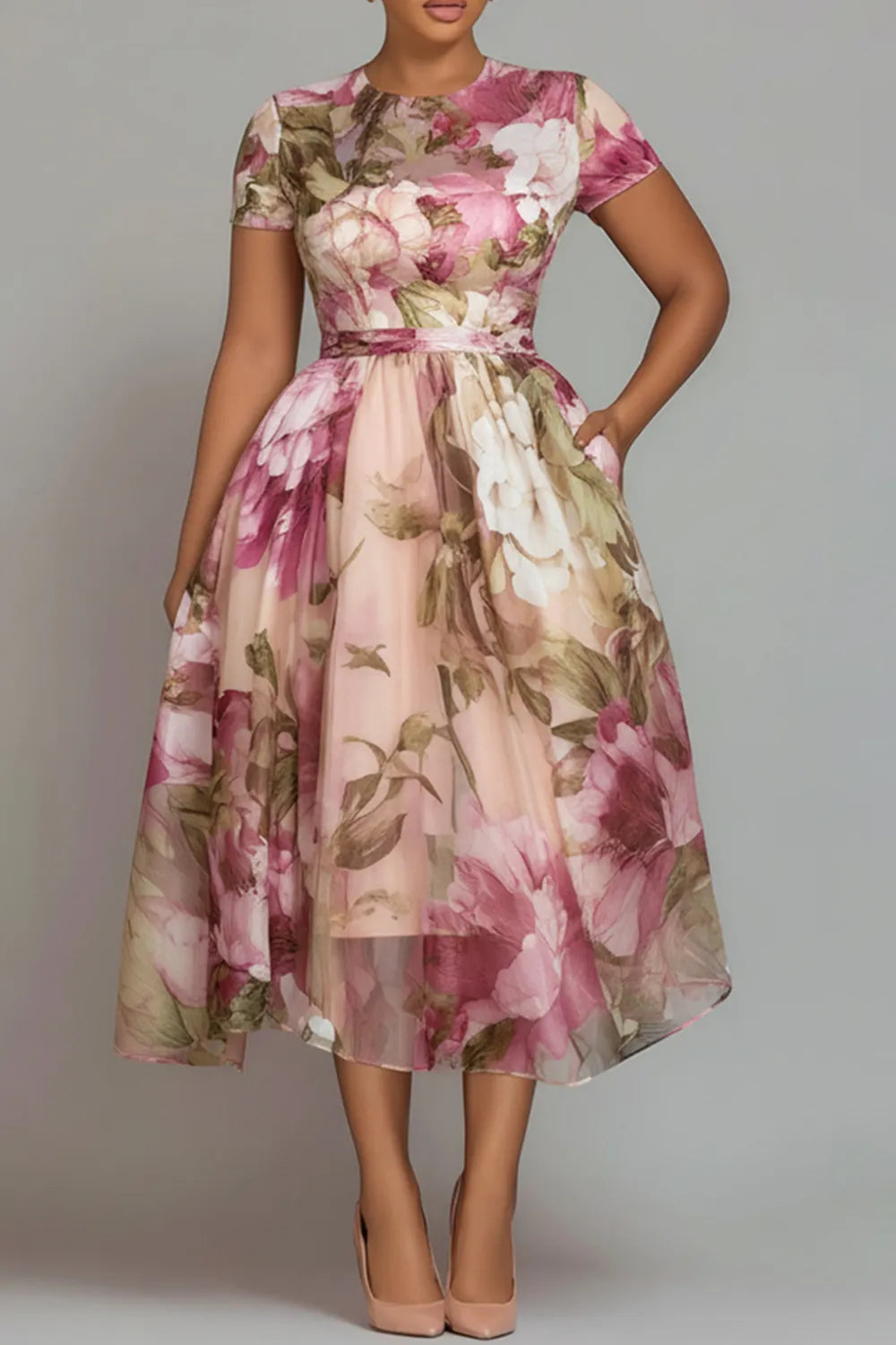 Xpluswear Design Plus Size Wedding Guest Pink Floral Round Neck Short Sleeve Pocket See Through Chiffon Midi Dresses